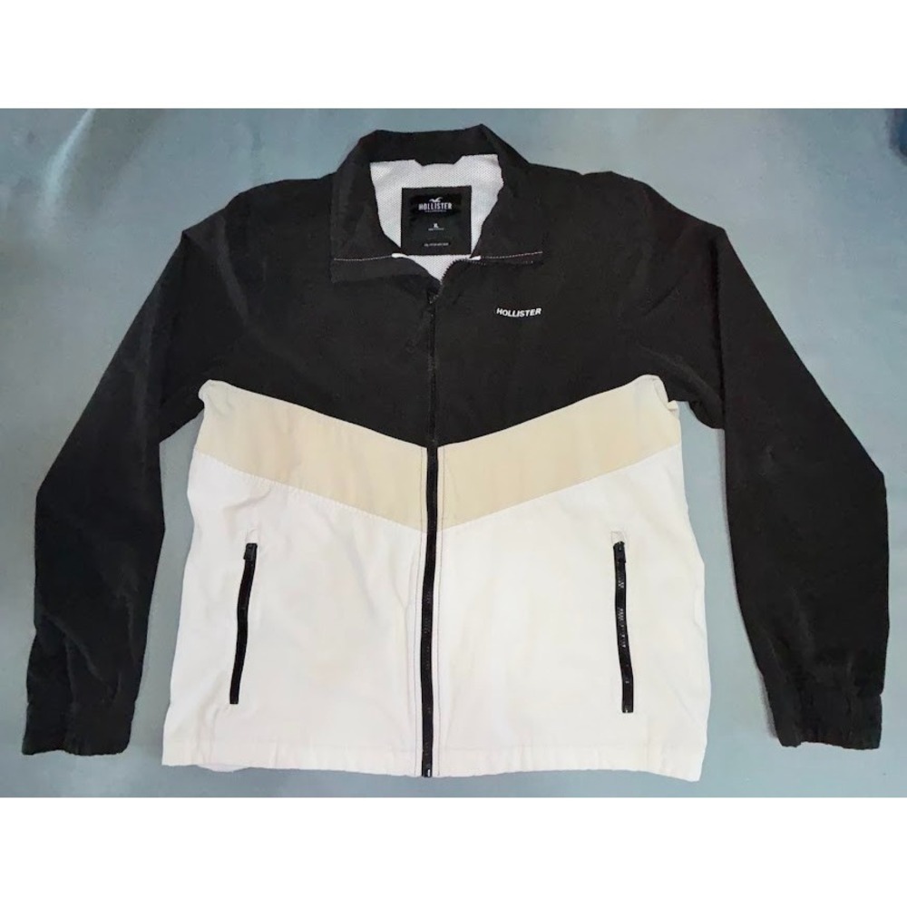 Hollister Windbreaker Jacket Men XL Black/White Epic Flex Mesh Lined Chevron EUC